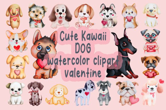 Valentine Dog Watercolor Clipart Bundle for Crafts