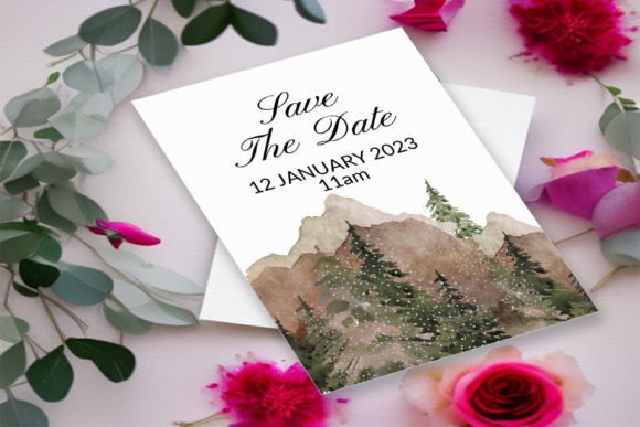 Winter Wedding Card with Mountains Tree Print Templates